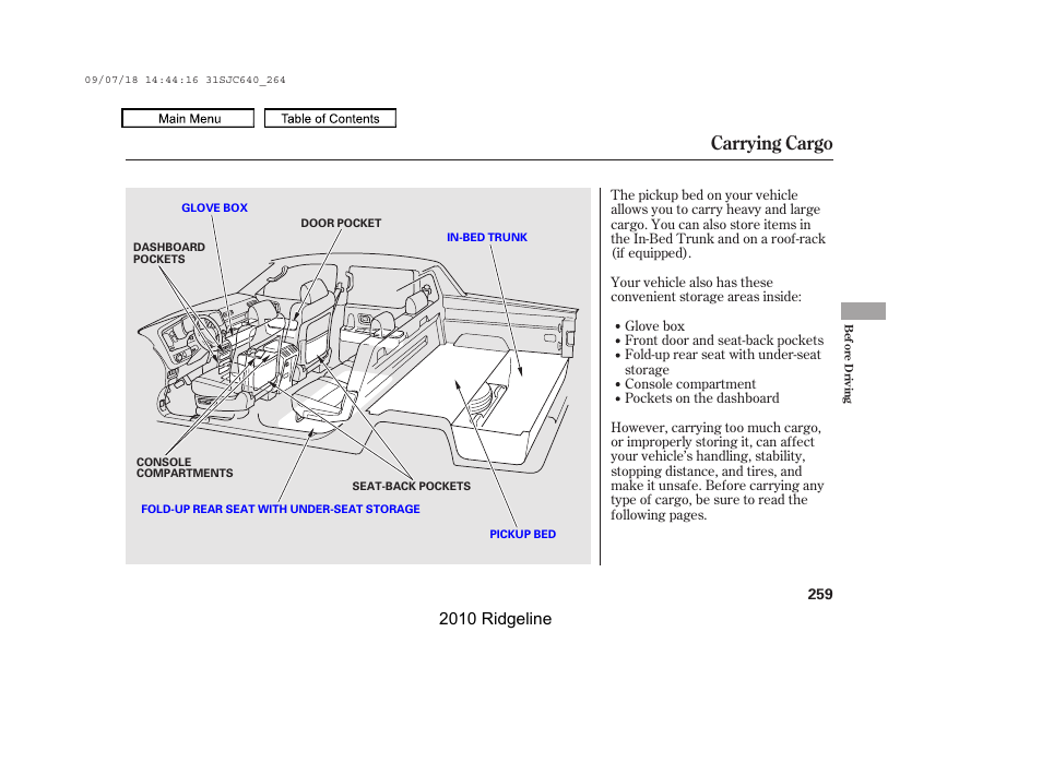 Carrying cargo, 2010 ridgeline | HONDA 2010 Ridgeline User Manual | Page 263 / 423