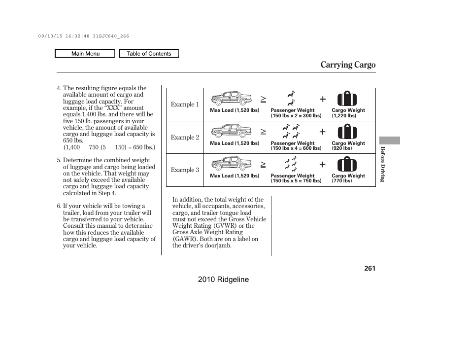 Carrying cargo, 2010 ridgeline | HONDA 2010 Ridgeline User Manual | Page 265 / 423