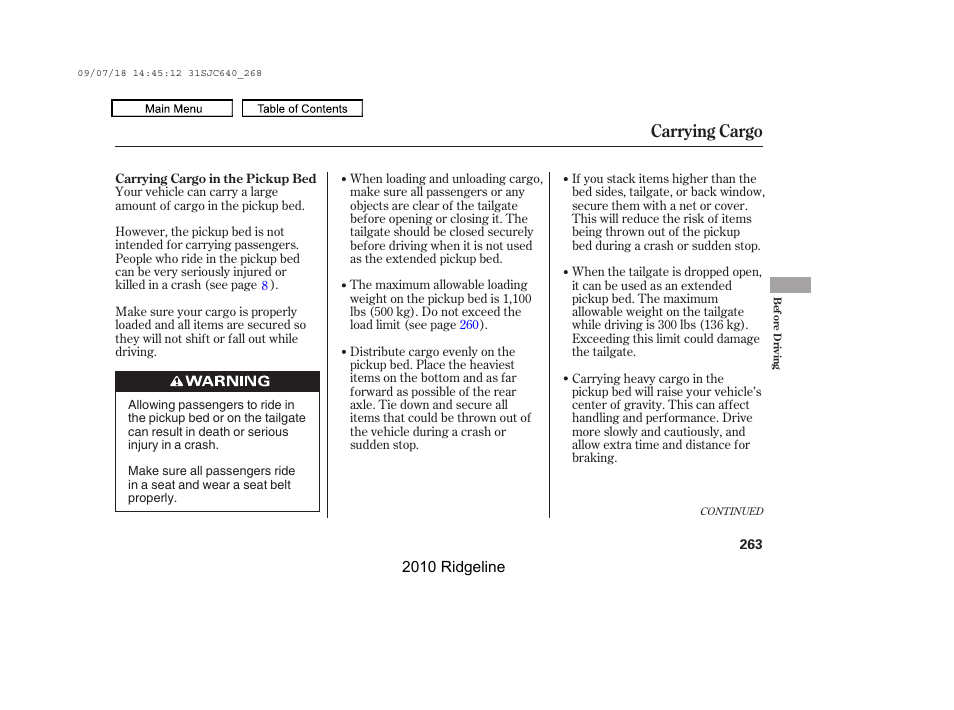 Carrying cargo | HONDA 2010 Ridgeline User Manual | Page 267 / 423