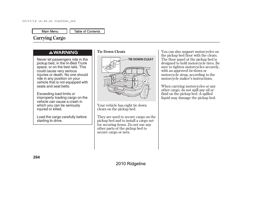 Carrying cargo | HONDA 2010 Ridgeline User Manual | Page 268 / 423