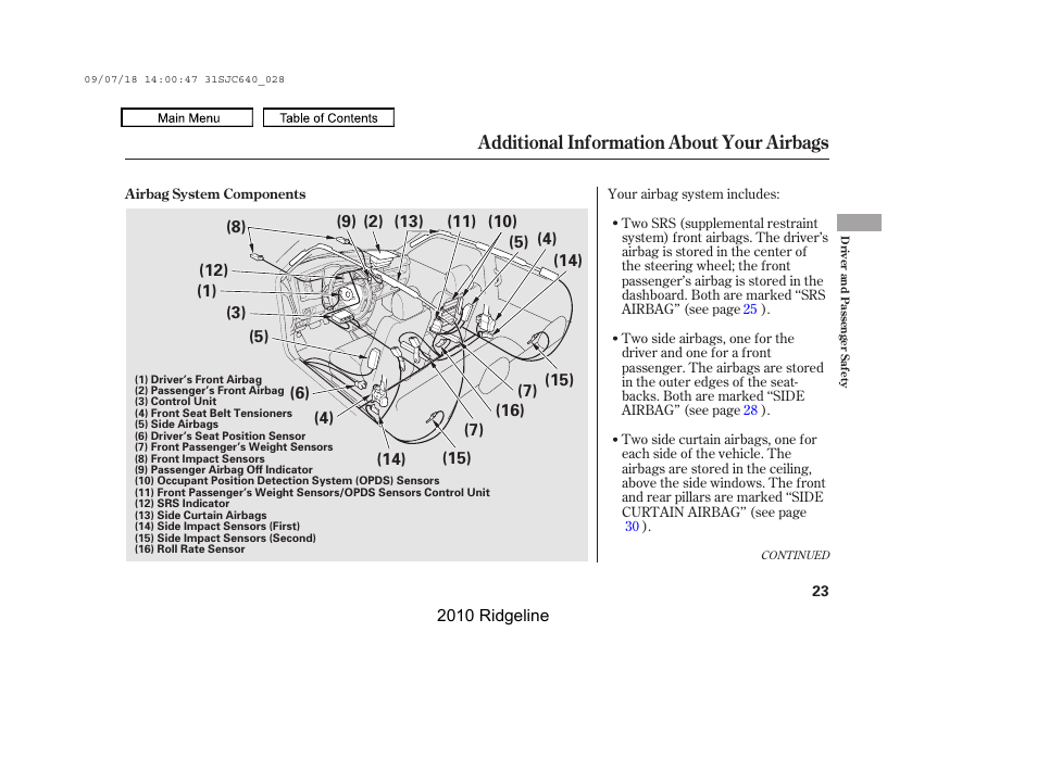 Additional information about your airbags | HONDA 2010 Ridgeline User Manual | Page 27 / 423