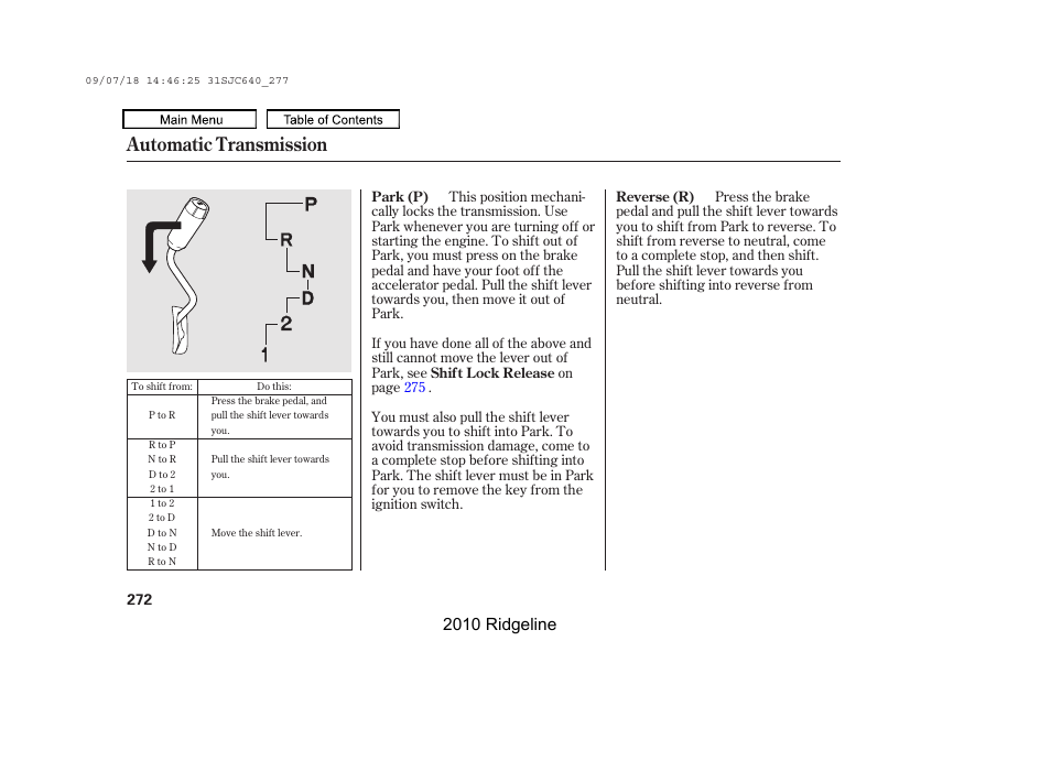 Automatic transmission, 2010 ridgeline | HONDA 2010 Ridgeline User Manual | Page 276 / 423