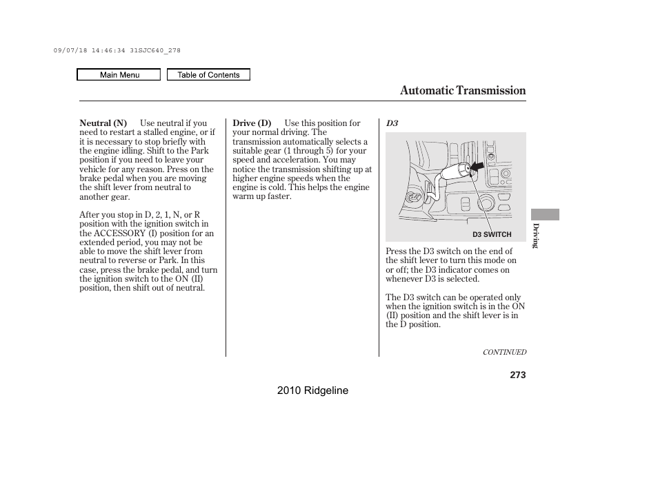 Automatic transmission | HONDA 2010 Ridgeline User Manual | Page 277 / 423