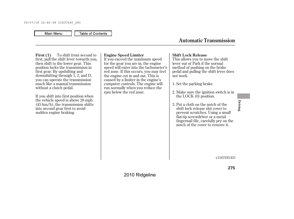 Automatic transmission | HONDA 2010 Ridgeline User Manual | Page 279 / 423