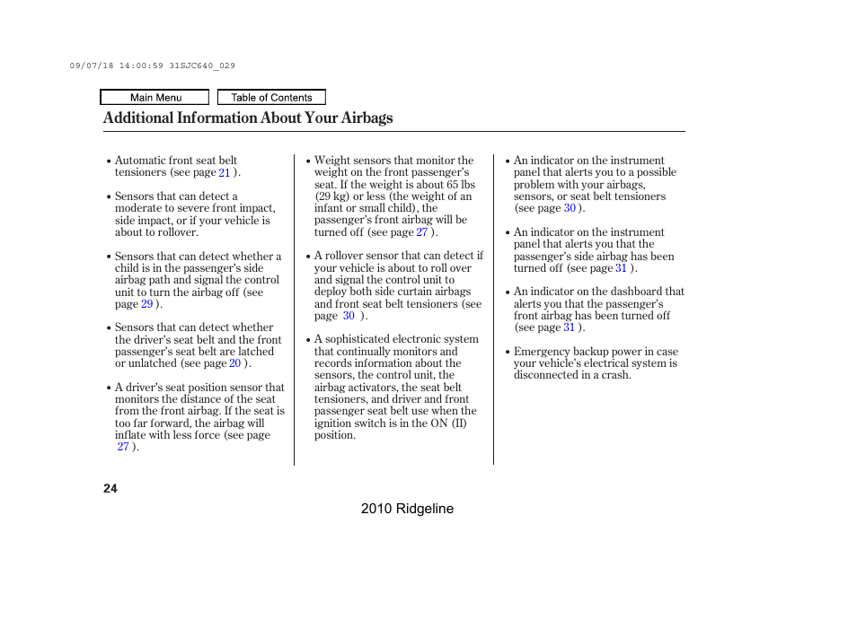 Additional information about your airbags | HONDA 2010 Ridgeline User Manual | Page 28 / 423