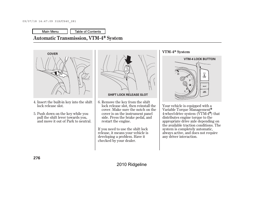 Automatic transmission, vtm-4 system | HONDA 2010 Ridgeline User Manual | Page 280 / 423