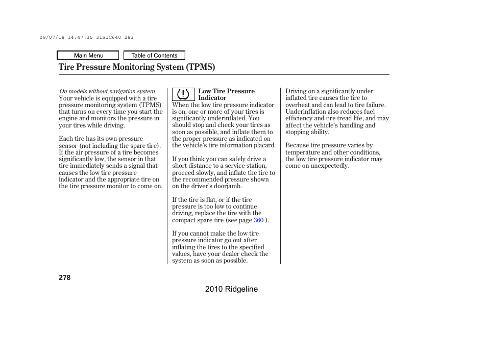 Tire pressure monitoring system (tpms) | HONDA 2010 Ridgeline User Manual | Page 282 / 423