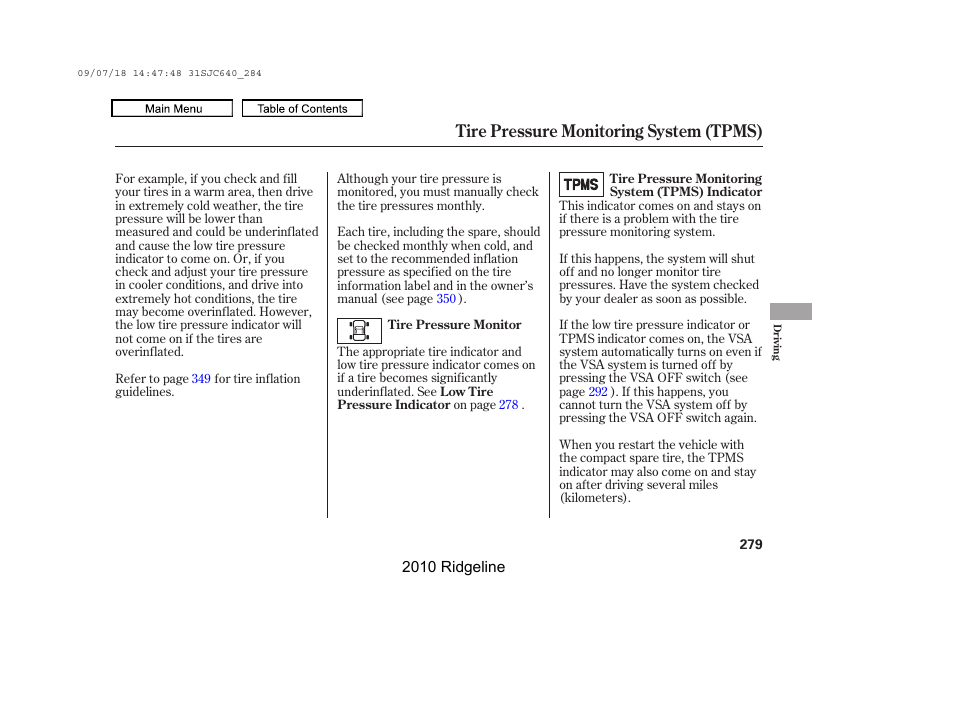 Tire pressure monitoring system (tpms) | HONDA 2010 Ridgeline User Manual | Page 283 / 423