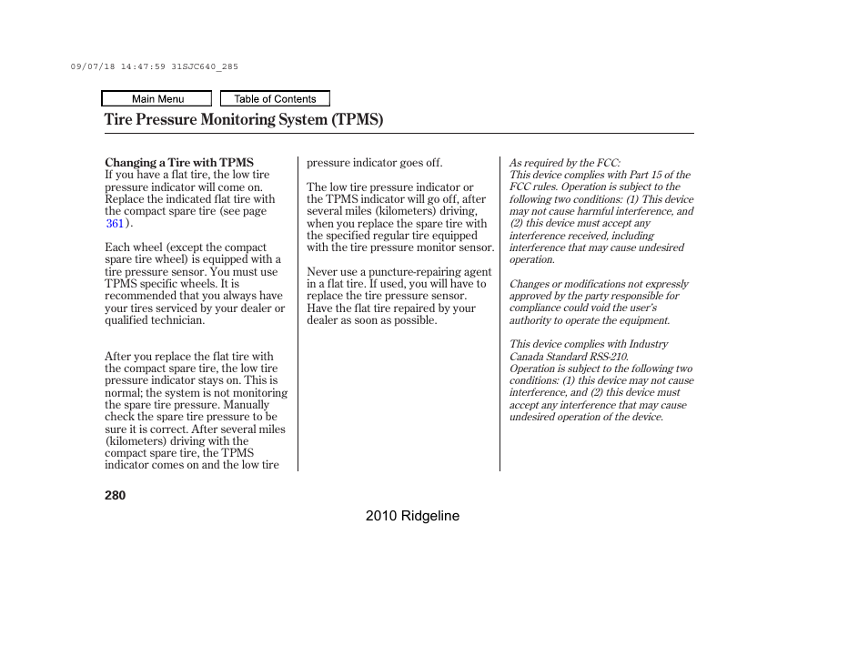 Tire pressure monitoring system (tpms) | HONDA 2010 Ridgeline User Manual | Page 284 / 423