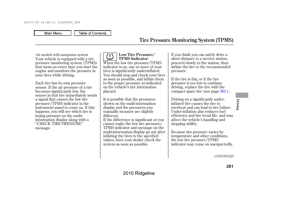 Tire pressure monitoring system (tpms) | HONDA 2010 Ridgeline User Manual | Page 285 / 423