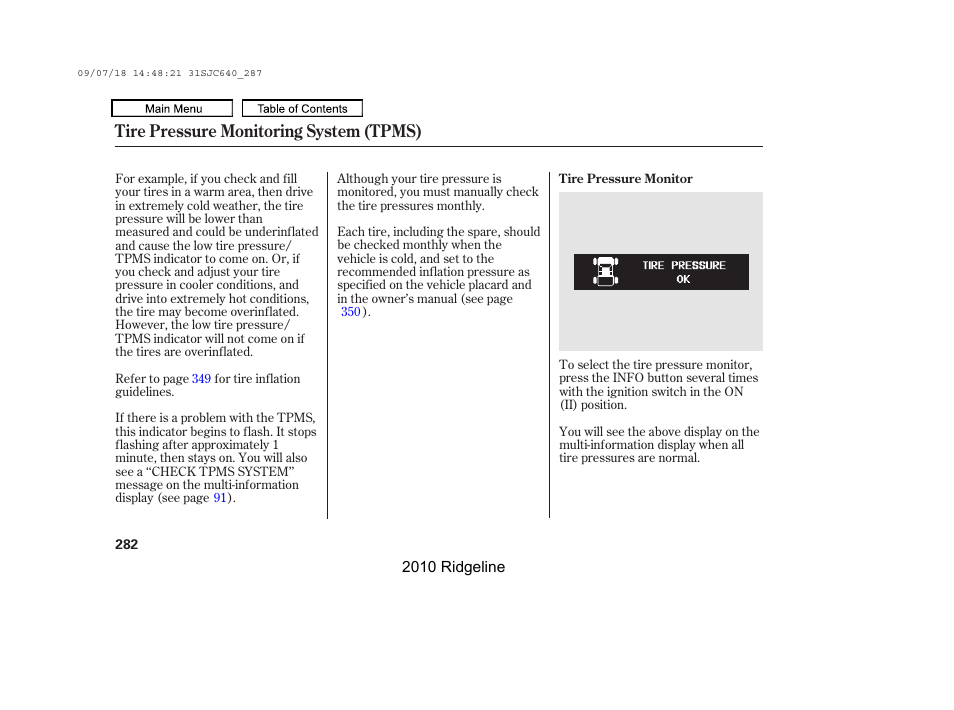 Tire pressure monitoring system (tpms) | HONDA 2010 Ridgeline User Manual | Page 286 / 423