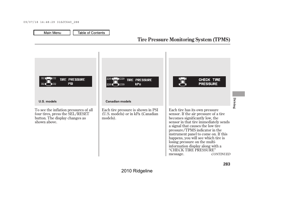 Tire pressure monitoring system (tpms) | HONDA 2010 Ridgeline User Manual | Page 287 / 423