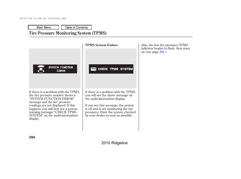 Tire pressure monitoring system (tpms) | HONDA 2010 Ridgeline User Manual | Page 288 / 423