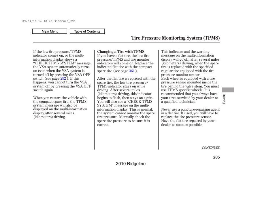 Tire pressure monitoring system (tpms) | HONDA 2010 Ridgeline User Manual | Page 289 / 423