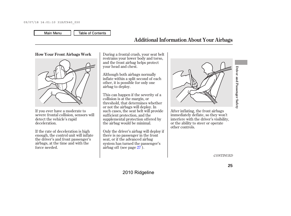 Additional information about your airbags | HONDA 2010 Ridgeline User Manual | Page 29 / 423