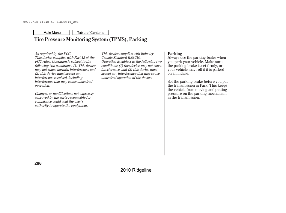 Tire pressure monitoring system (tpms), parking | HONDA 2010 Ridgeline User Manual | Page 290 / 423