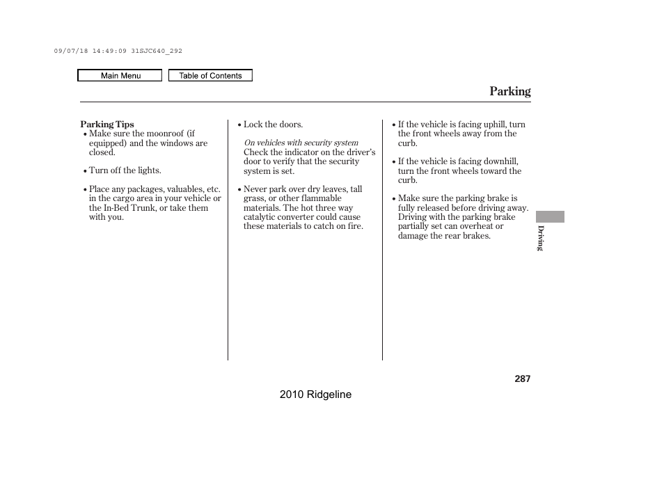 Parking | HONDA 2010 Ridgeline User Manual | Page 291 / 423