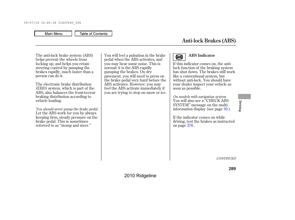 Anti-lock brakes (abs) | HONDA 2010 Ridgeline User Manual | Page 293 / 423