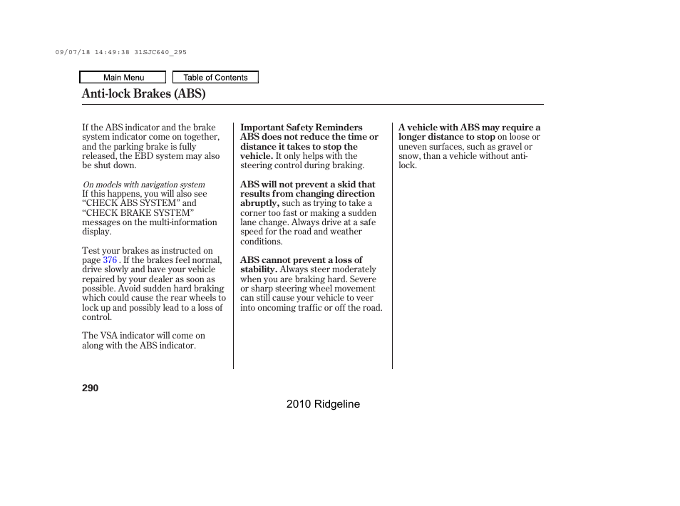 Anti-lock brakes (abs) | HONDA 2010 Ridgeline User Manual | Page 294 / 423