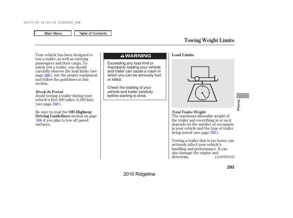 Towing weight limits | HONDA 2010 Ridgeline User Manual | Page 297 / 423