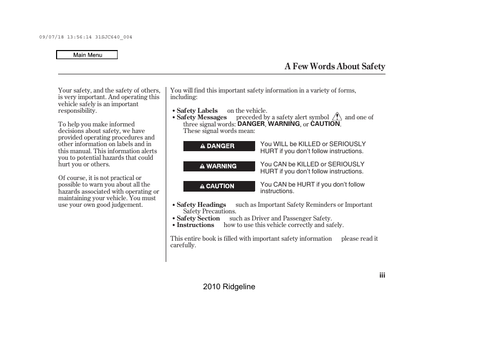 A few words about safety | HONDA 2010 Ridgeline User Manual | Page 3 / 423