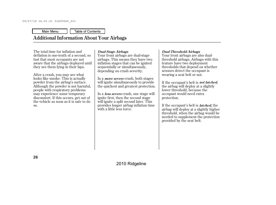 Additional information about your airbags | HONDA 2010 Ridgeline User Manual | Page 30 / 423