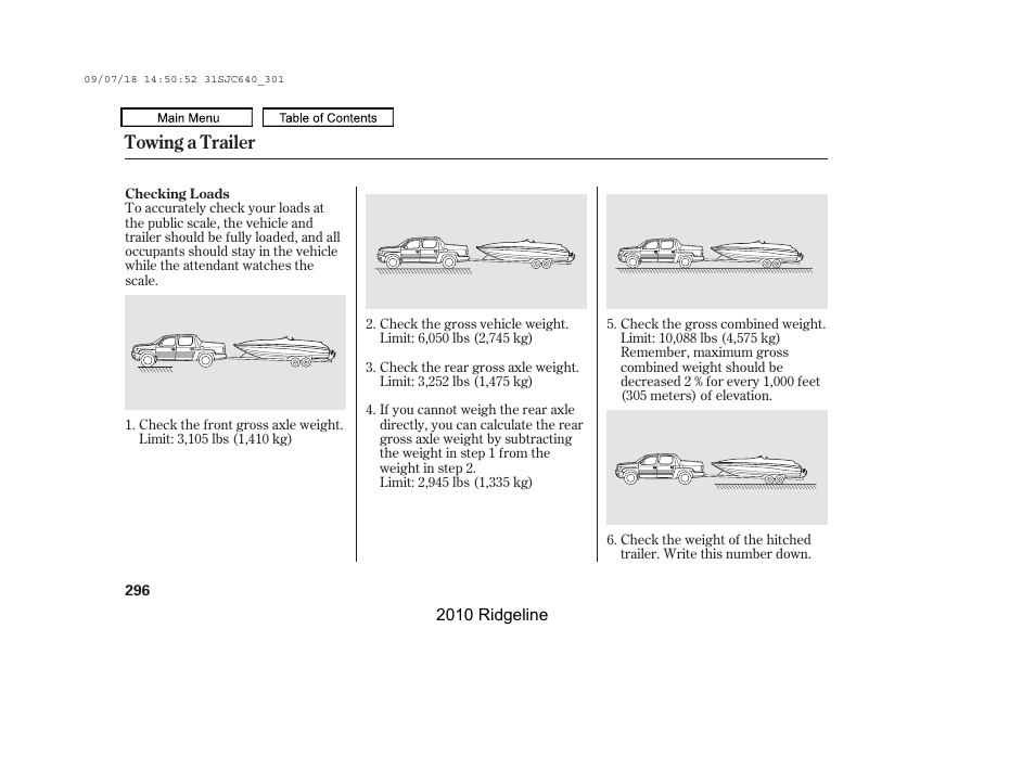 Towing a trailer | HONDA 2010 Ridgeline User Manual | Page 300 / 423