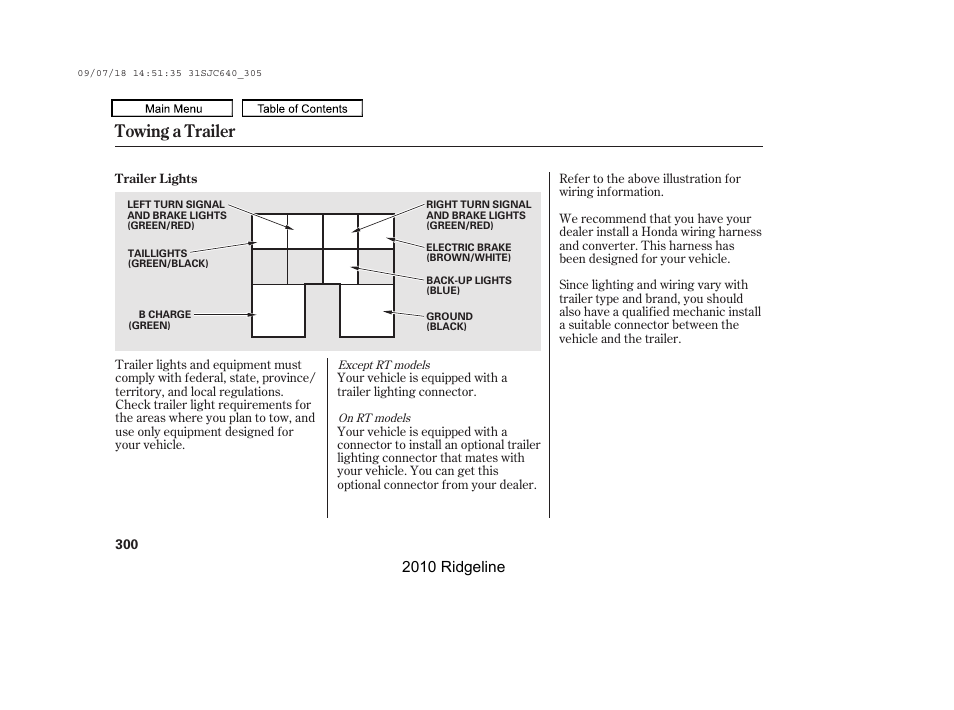 Towing a trailer, 2010 ridgeline | HONDA 2010 Ridgeline User Manual | Page 304 / 423