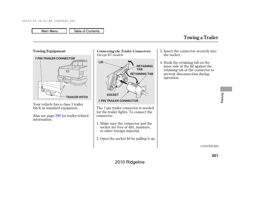 Towing a trailer, 2010 ridgeline | HONDA 2010 Ridgeline User Manual | Page 305 / 423