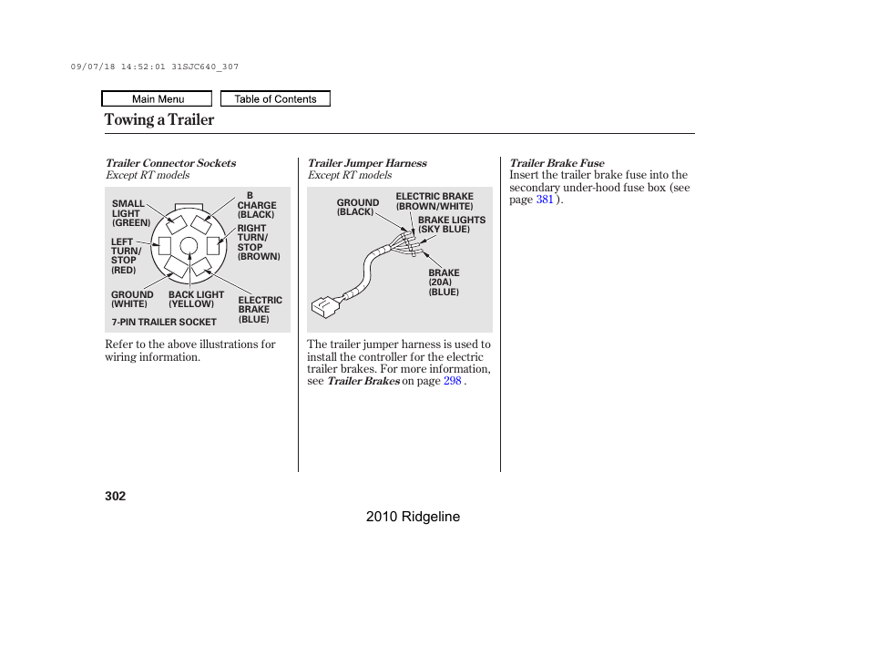 Towing a trailer, 2010 ridgeline | HONDA 2010 Ridgeline User Manual | Page 306 / 423