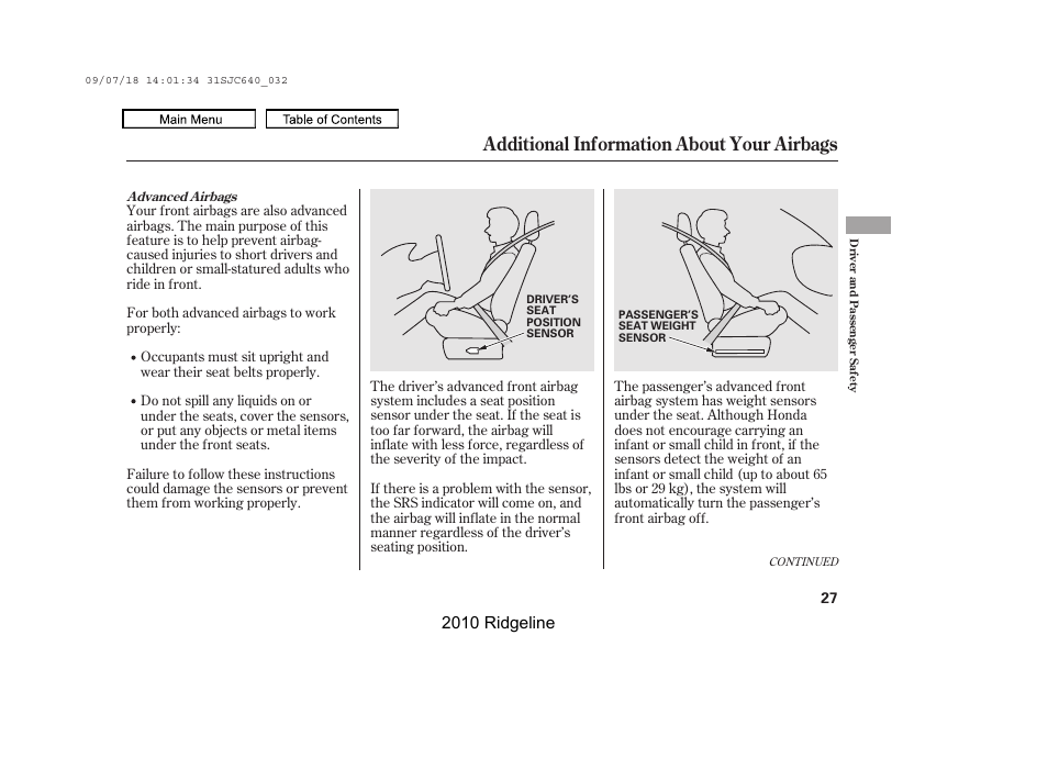 Additional information about your airbags, 2010 ridgeline | HONDA 2010 Ridgeline User Manual | Page 31 / 423