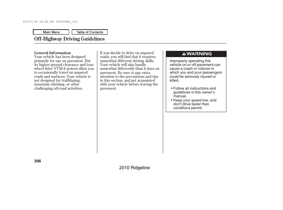 Off-highway driving guidelines | HONDA 2010 Ridgeline User Manual | Page 310 / 423