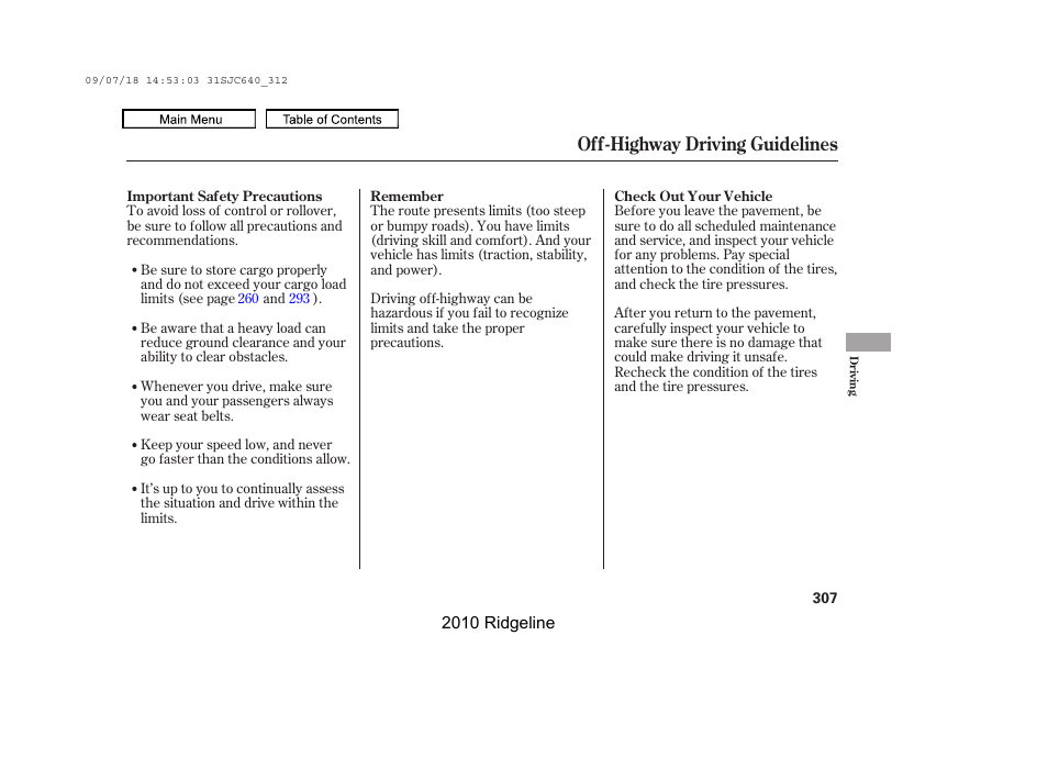 Off-highway driving guidelines | HONDA 2010 Ridgeline User Manual | Page 311 / 423