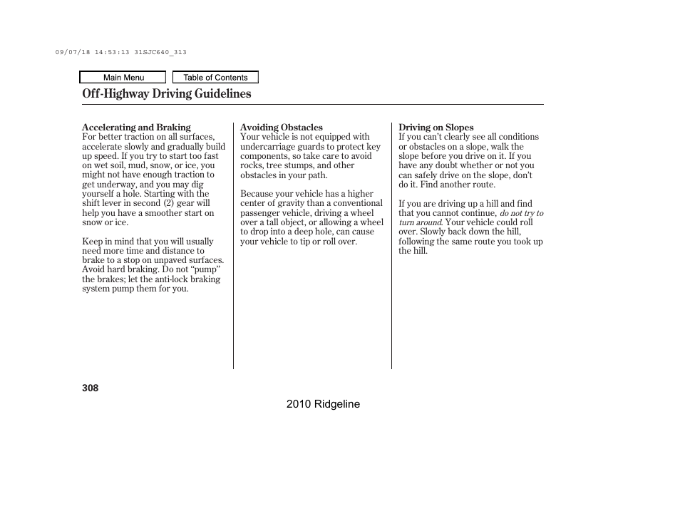 Off-highway driving guidelines | HONDA 2010 Ridgeline User Manual | Page 312 / 423