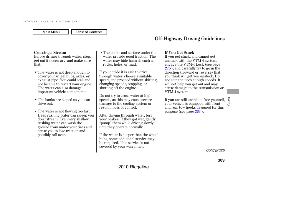 Off-highway driving guidelines | HONDA 2010 Ridgeline User Manual | Page 313 / 423