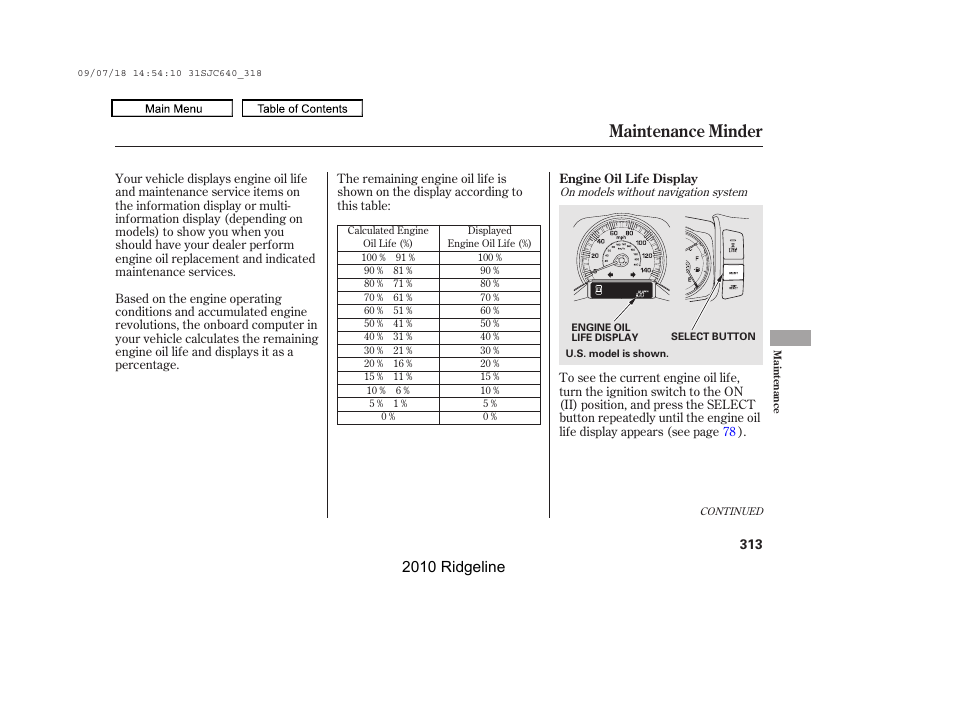 Maintenance minder, 2010 ridgeline | HONDA 2010 Ridgeline User Manual | Page 317 / 423