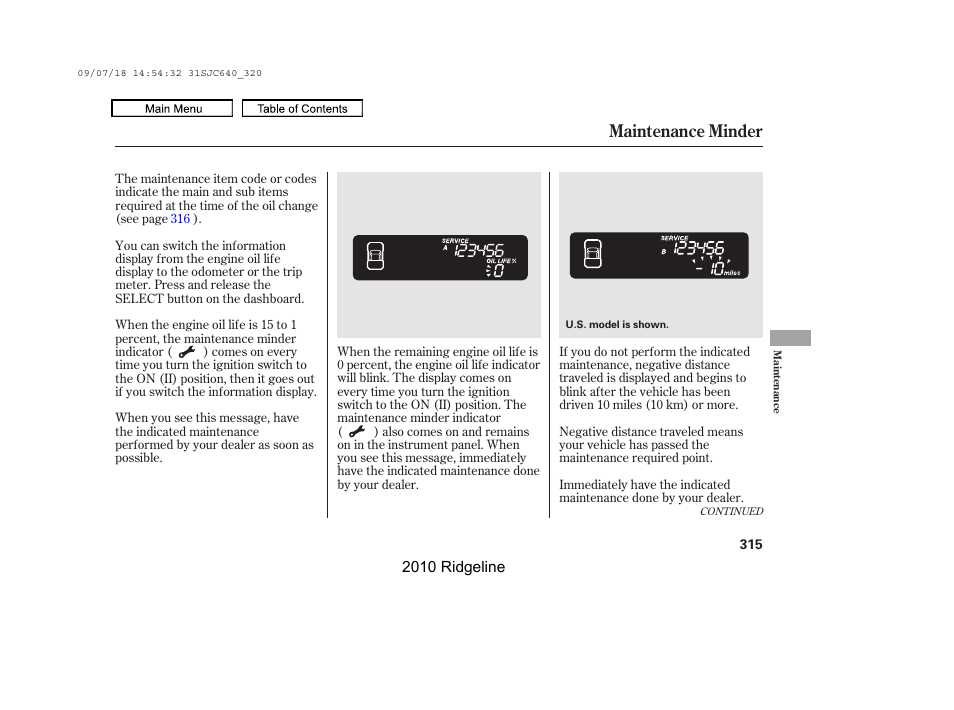 Maintenance minder | HONDA 2010 Ridgeline User Manual | Page 319 / 423