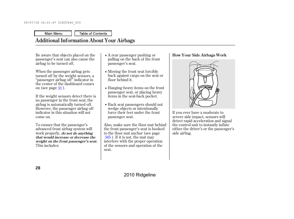 Additional information about your airbags | HONDA 2010 Ridgeline User Manual | Page 32 / 423