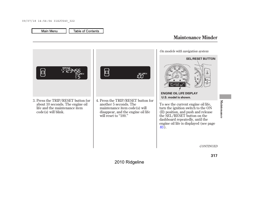 Maintenance minder | HONDA 2010 Ridgeline User Manual | Page 321 / 423