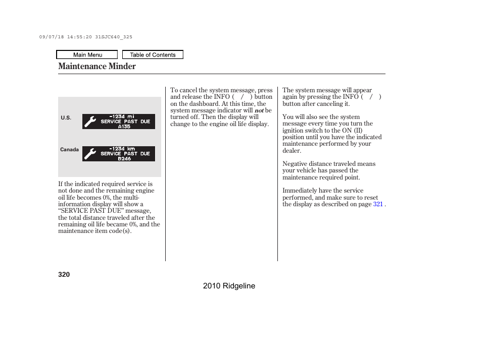 Maintenance minder | HONDA 2010 Ridgeline User Manual | Page 324 / 423