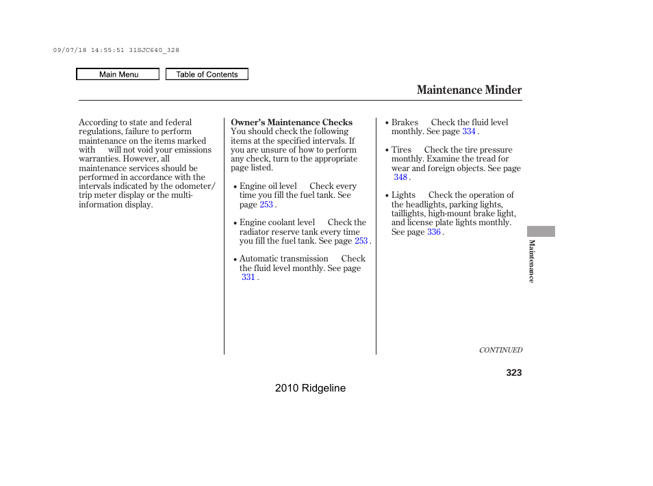 Maintenance minder | HONDA 2010 Ridgeline User Manual | Page 327 / 423