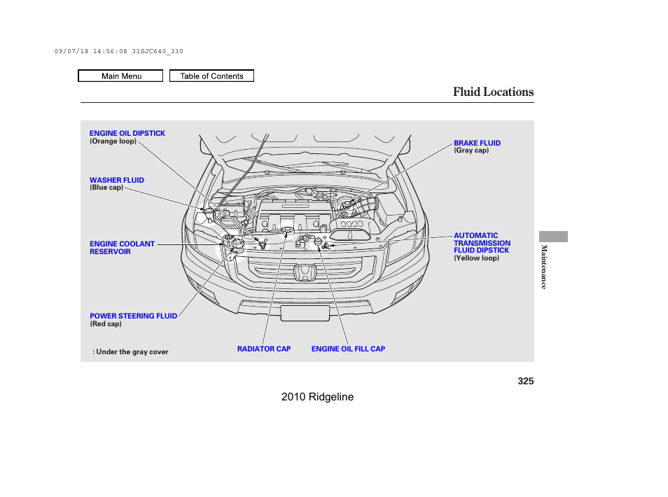 Fluid locations, 2010 ridgeline | HONDA 2010 Ridgeline User Manual | Page 329 / 423