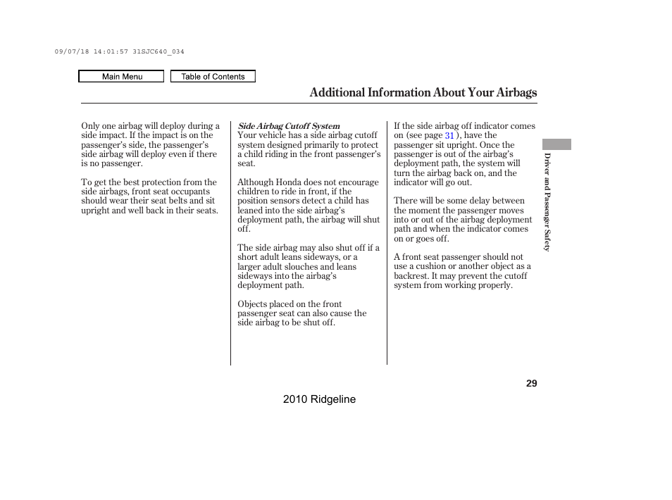 Additional information about your airbags | HONDA 2010 Ridgeline User Manual | Page 33 / 423