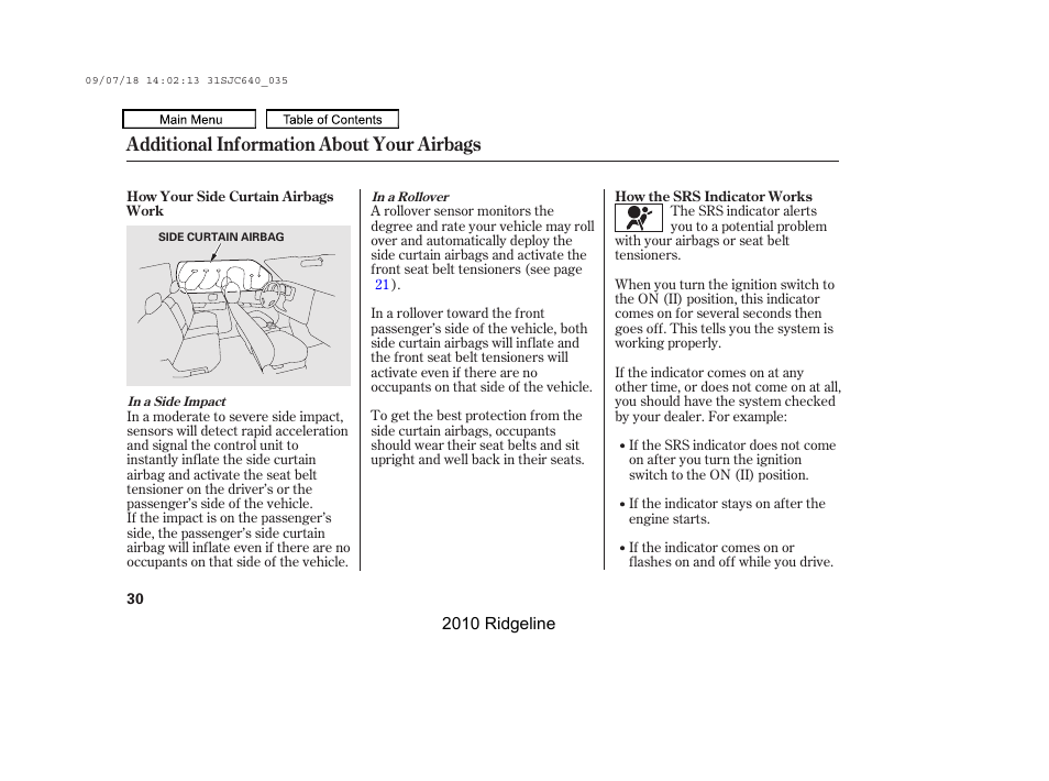 Additional information about your airbags | HONDA 2010 Ridgeline User Manual | Page 34 / 423