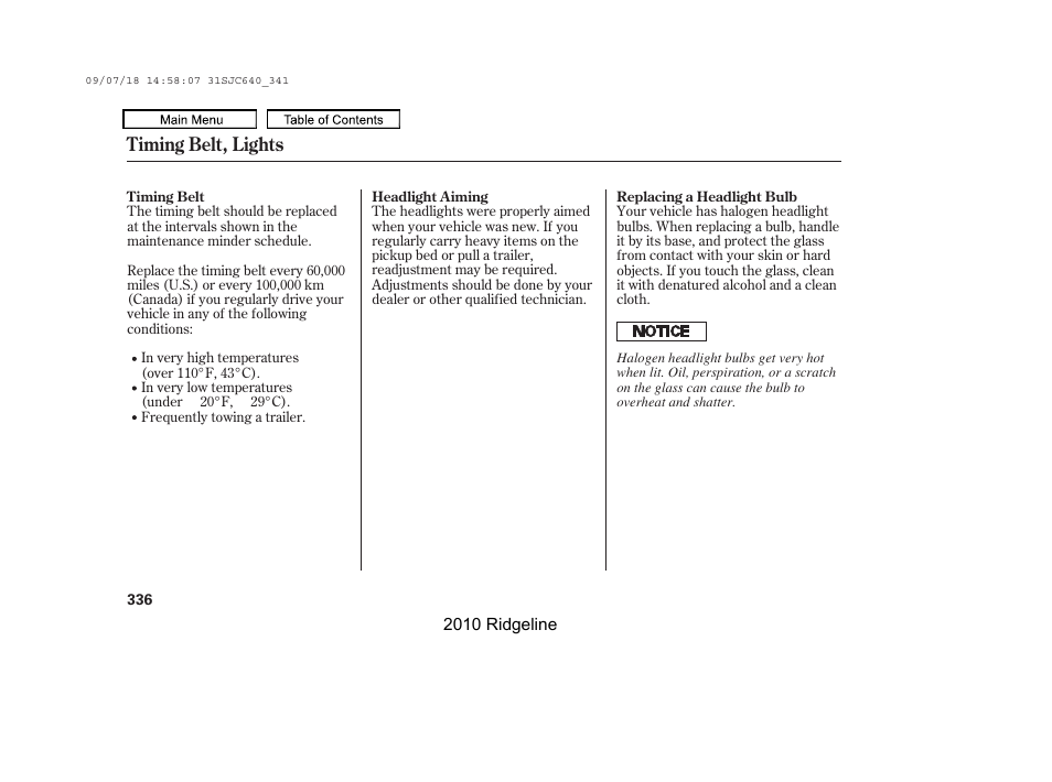 Timing belt, lights | HONDA 2010 Ridgeline User Manual | Page 340 / 423