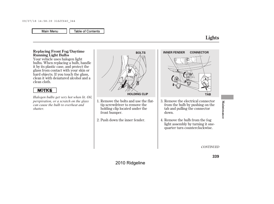 Lights, 2010 ridgeline | HONDA 2010 Ridgeline User Manual | Page 343 / 423