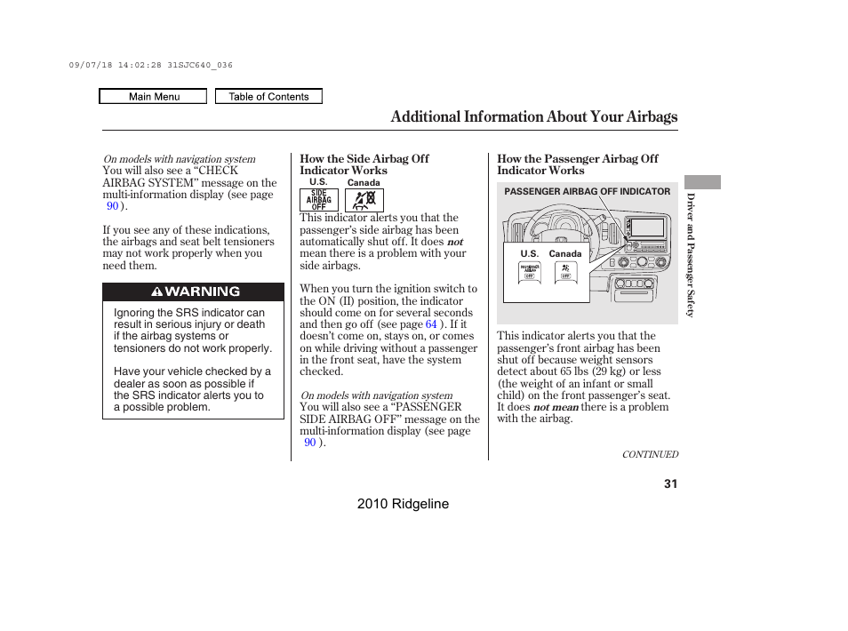 Additional information about your airbags, 2010 ridgeline | HONDA 2010 Ridgeline User Manual | Page 35 / 423