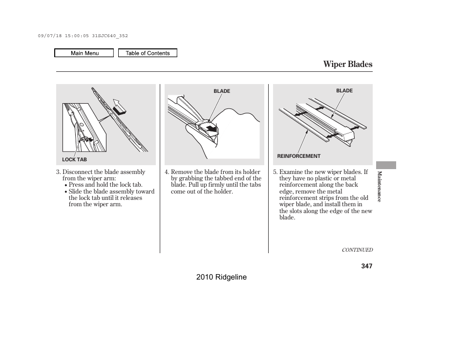 Wiper blades, 2010 ridgeline | HONDA 2010 Ridgeline User Manual | Page 351 / 423