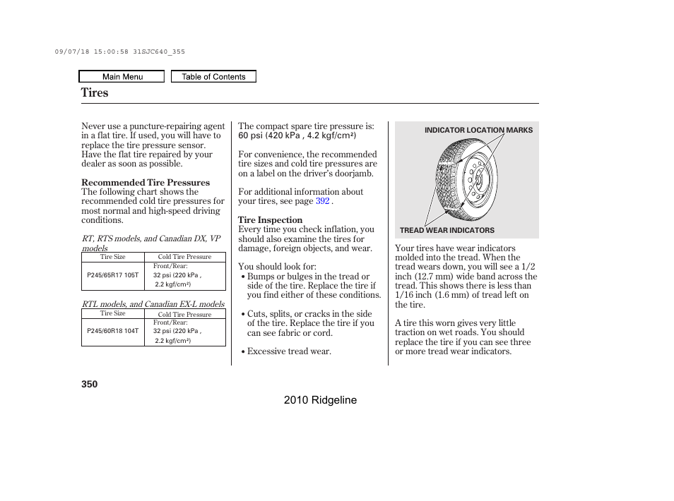 Tires, 2010 ridgeline | HONDA 2010 Ridgeline User Manual | Page 354 / 423