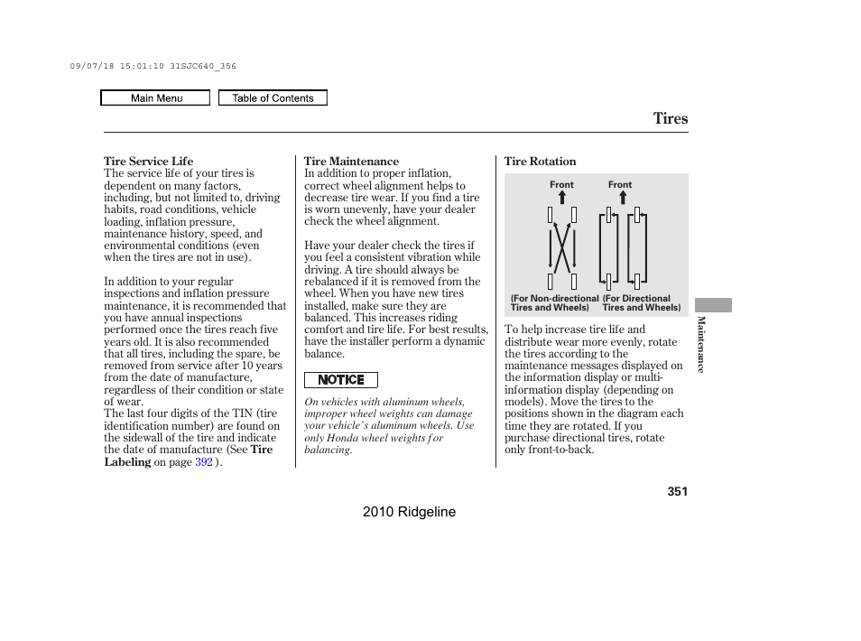 Tires | HONDA 2010 Ridgeline User Manual | Page 355 / 423